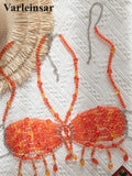 Pearls Beads Halter See Through Bikini Top Female Swimsuit Women Swimwear Bather Bathing Suit Swim Hollow Out Beach Top V8224