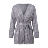 Women Summer Fall Sequin Shorts Jumpsuit Trendy Sparkly V Neck Long Sleeve Romper with Belt for Party Club