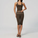 New Fake Two-piece Yoga Sets Women Striped Shock-absorbing Slim Sports Tank Top Fitness Suit Gym High Waist Mid Pants Tracksuit