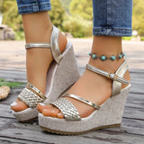 Gold Woven Wedge High Heel Sandals Women 2026 Summer Ankle Buckle Chunky Heeled Sandals Woman Plus Size Platform Sandles Female
