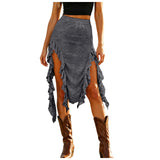 Women Western Boho Midi Skirt High Waist Ruffled Asymmetrical Hem Slit Flowy Summer Skirts Casual Cowgirl Style Streetwear Y2k