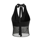 Vietnamese Sexy Halter Neck Strap Tank Top Feminine Mesh Transparent Slim Fit Large Open Back Short Camisole Top Casual RUKJ