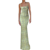 Women's Summer Sexy Bodycon Dress Spaghetti Strap Sleeveless Backless Slim Fit Floral Printed Long Dresses