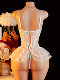 New Crotchless Sexy Lingerie Women Lace Bodysuit Erotic Costumes Teddy Baby Dolls Dress Deep V Open Crotch Porn Underwear Set