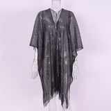 Sexy Fringe Tassel Mesh Sheer Shiny Knitted Tunic Beach Cover Up Cover-ups Beach Dress Beach Wear Beachwear Female Women V3321
