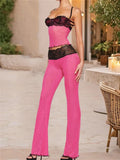 Women’s 2 Piece Sets Summer Sleeveless Lace Patchwork Corset Cami Tops + Pants Sets Mesh Sheer Sexy Party Streetwear