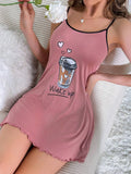 Summer Cute Letter Print Nightdress Women Nightgown Spaghetti Strap Mini Cami Lettuce Hem Contrast Trim Loungewear