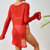 Sexy Long Sleeve See Through Top  Mesh Sheer Tunic Beach Cover Up Cover-ups Beach Dress Beach Wear Beachwear Female Women V3557