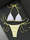 Sexy Yellow 3D Flower Micro Bikini 2026 Women Hole Out Stone Strap Push Up Bra Thong Swimsuit Holiday Bathing Suit Swimwear