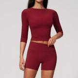 Yoga Sets Women Half Sleeve O Neck Slim Sports T Shirts High Waist Short Fitness Suit Outdoor Gym Running Workout Tracksuit