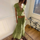 FDYOUI Sexy V-neck Lace Patchwork T-shirt Tops+Long Skirt 2 Piece Set Women's Summer Green Holiday Party Dress Suit Streetwear