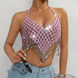 Vest Pink Rhinestone Crystal Chain Halter Crop Top For Women Sparkly Mesh Bralette With Star Tassel Fringe Sexy Party Clubwear