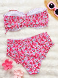 Flowers Printed Ruffled Bandeau Female Swimsuit High Waist Bikini Women Swimwear Two-pieces Bikini set Bather Bathing Suit Swim