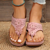 Pink Flower Wedge Heel Flip Flops Women Summer Massage Sole Clip Toe Platform Slippers Woman Light Thick Bottom Beach Sandals