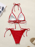 Women Bikini Set Solid Color Triangle Halter Neck Tie Side Two Piece Swimsuit Adjustable String Swimwear for Beach Vacation