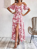 New Summer Women Print Dress 2025 Fashion Elegant  Vacation Party Short Sleeve Slim V-neck Slit Long Dresses Vestidos Para Mujer