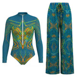 S - XXL New Printed Long Sleeve With Pants Zipper Women Swimwear One Piece Swimsuit Female Padded Bather Bathing Suit Swim V8356