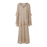 Women's Sheer Chiffon Long Dress Stylish Ruffle Trim V Neck Long Sleeve Loose Fit Dress See Through Cover-ups Streetwear