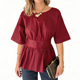 2026 Summer Women's Peplum Tops Casual Elegant Stylish Bow Backless Loose Shirts Crew Neck Elbow Sleeve Blouse