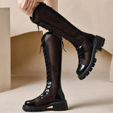 Fashion Breathable Mesh Boots for Woman Summer Solid Zipper Mid-Calf for Women Round Toe Lace Up High Heels Shoes Ladies