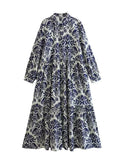 Foridol Blue Flower Print Vintage Casual Shirt Dress Women 2025 Single Breasted Loose Boho Maxi Long Vestidos Dresses Fashion