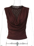 FDYOUI Elegant Lace Patchwork Tank Tops 2026 Summer See-through Sleeveless T-shirt Ladies Folds Slim Corset Crop Top High Street