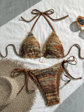 Sexy Coffee Striped Micro Bikini 2026 Women Towel Cloth Circle Push Up Bra Tie Side Thong Swimsuit Bathing Suit Holiday Swimwear