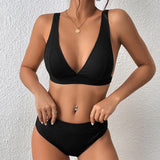 Summer new style small pit strip pure color bikini two-piece set sexy beach vacation women's swimsuit