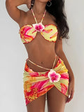 3D Floral Halter Bandeau Bikinis 2026 Padded Swimsuit Women 3 Pieces Swimwear Female Bather Bathing Swimming Swim Suit Beachwear