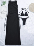 3 Pieces Thong Bikini 2026 Women With Dress String Swimwear Female Solid Swimsuit Beach Wear Bathing Swimming Suit Summer
