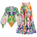 Vintage Green Floral Print Swimsuit Long Skirt Set Women Sexy Mesh Long Sleeve V Neck Tummy Control Holiday One Piece Swimsuit