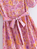 Foridol Single Breasted Bohemian Holiday Summer Women Dress Belt Casual Loose Maxi Floral Dress Short Sleeve Long Viscose Dress