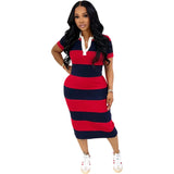 Summer women's fashionable lapel contrasting color slim fit slit dress