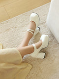 Women Silver Metallic Platform Mary Jane Shoes Double Rhinestone Buckle Chunky Block High Heels Y2K Vintage Square Toe Pumps