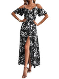 New Summer Women Print Dress 2025 Fashion Elegant  Vacation Party Short Sleeve Slim V-neck Slit Long Dresses Vestidos Para Mujer