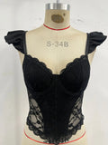 New French Fishbone Camisole Women Black Lace Trim Hollow Out Transparent Corset Tank Top 2026 Summer Club Party Bustier