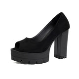 Ladies Vintage Flock Black Peep Toe Pumps Classic Summer Chunky High Heels Women Slip On Party OL Single Shoes Big size 36-46