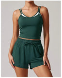 Women's New Summer Yoga Sets Color Blocked Double Strap Workout Tank Top Fitness Suit Drawstring High Waist Short Sport Set