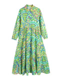 Foridol Paisley Print Shirt Dress Elegant Autumn Spring Green Dress Floral Print Boho Female Maxi Dress Long Sleeve Vestido 2025