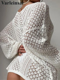S - XL New V Neck Long Sleeve Crochet Knitted Tunic Beach Cover Up Cover-ups Beach Dress Beach Wear Beachwear Female Women V8284