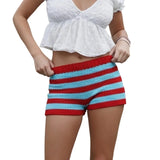 Women Spring Summer Fashion Low Waist Mini Shorts Holiday Beach Knit Shorts Stripes Print Stretchy Shorts