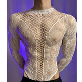 New American Style Fashion Men Vests Tops Crew Neck Sexy Hollow  Mesh Bodysuit Casual  Long Sleeve Tank Clubwear Party Costume
