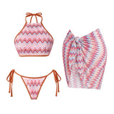 3Pcs Striped Bikini 2026 Bandeau Biquini Women Sexy Swimsuit Push Up Swimwear Female Mesh Pants Bathing Suit Cover Up Beachwear