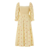 Women Spring Fall Long Dress Long Sleeve Dress Square Neck Embroidery Flower Loose Swing Dress Wit Pocket