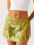 Women Sparkly Sequin Mini Skirts Side Tie-up Split Skirt Trendy Summer Low Rise Streetwear