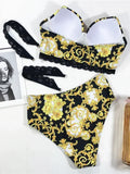 Printed Bra Cup Bandeau Bikinis Female Swimsuit High Waist Bikini Women Swimwear Two Pieces Bikini Set Push Up Bathing Suit Swim