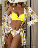 20 Colors Three Piece Bikinis Set Women Sexy Push Up Swimwear Swimsuit Plants Print Bathing Suit Bikini Cover Up Banadores Mujer