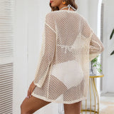V Neck Long Sleeve Hollow Out Crochet Knitted Tunic Beach Dress Beach Wear Beachwear Beach Cover Up Cover-upsFemale Women V6335