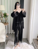 Gold velvet three-piece pajamas set, autumn and winter lace nightgown, sexy home wear with chest pad