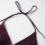 Women’s Striped Print Halter Tank Tops Summer Fashionable V Neck Backless Button Down Vest